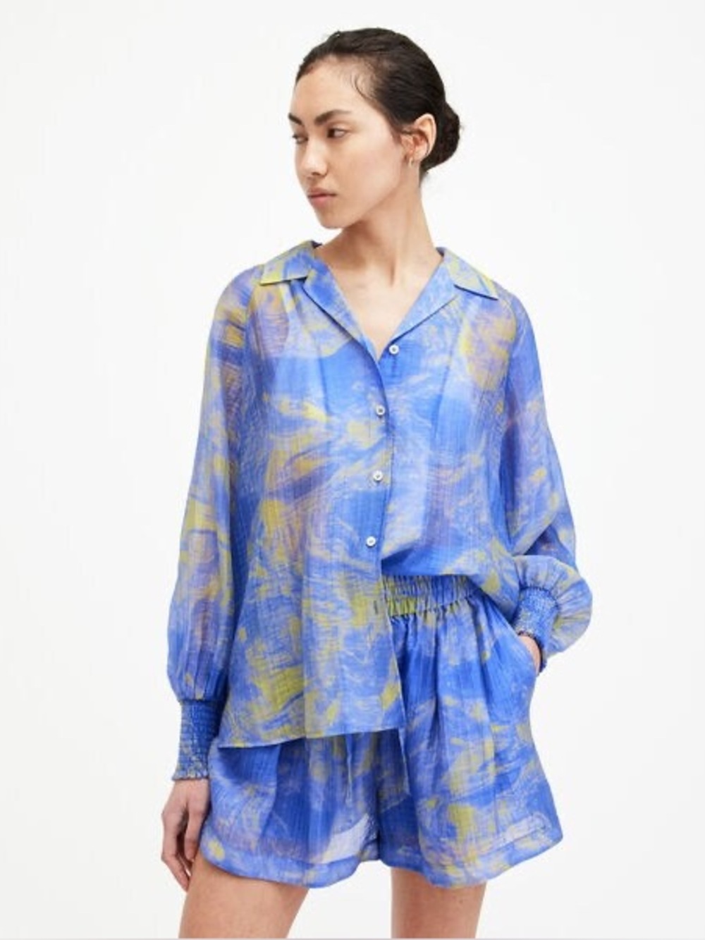 AllSaints Isla Inspiral Blue Yellow Abstract Print Sheer Blouse